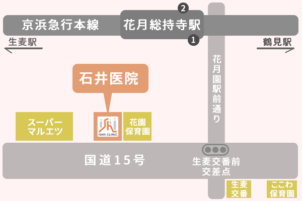 石井医院の周辺地図,花月総持寺駅,鶴見区,内科,小児科